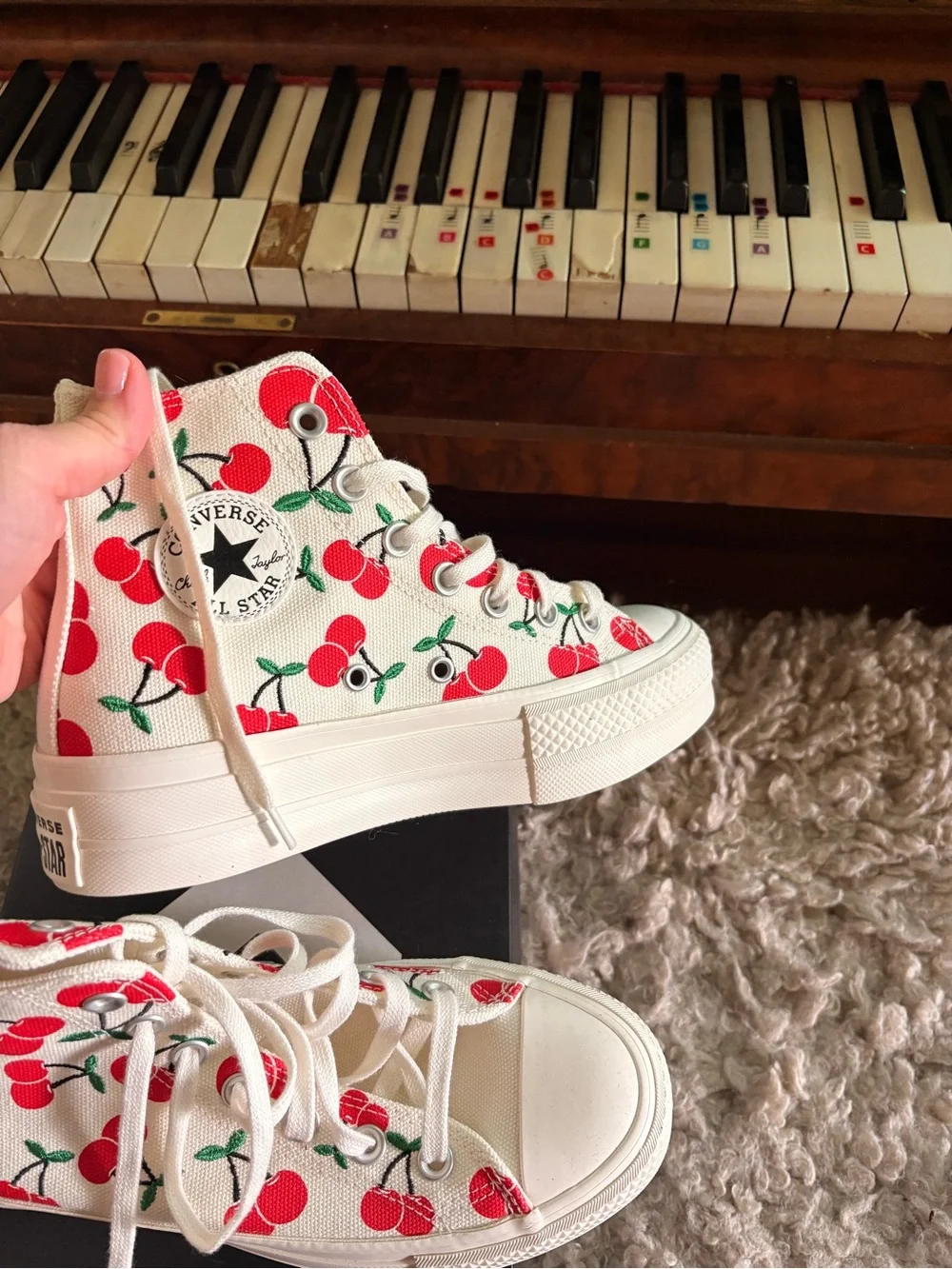 Converse Kids High Top Sneakers in White with Red Cherry Print